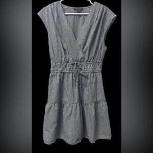 Rachel Zoe blk & wht ginghm cap slv flounce hem cottn drss WM M preppy classic